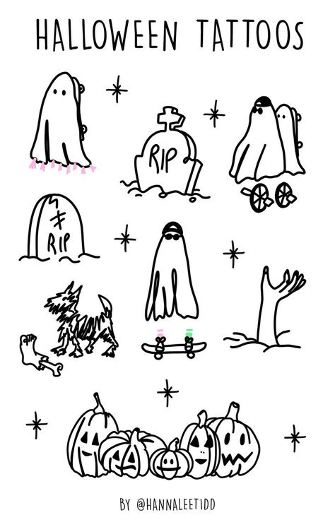 Small and simple matching Halloween tattoo ideas. Ghost tattoo, pumpkin tattoo, dog and bone tattoo. Perfect little minimal tattoos for matching with your bestie. Halloween Tattoo Flash Sheet, Pumpkin Tattoo Small Simple, Pumpkin Tattoos, Unique Tattoos Black Women, Halloween Tattoo Flash, Ghost Tattoos, Halloween Tattoo Ideas, Flash Tats, Pumpkin Tattoo