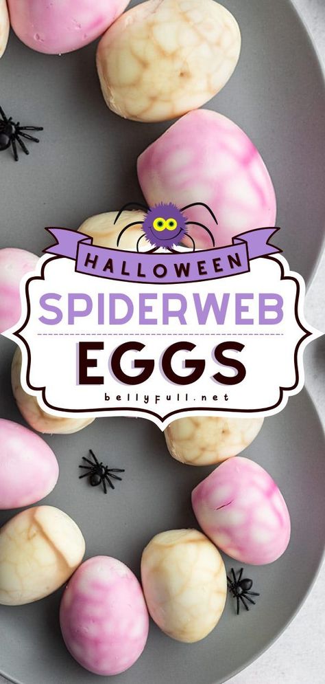 This contains: Halloween Spiderweb Eggs, halloween treats, appetizers for a party Scary Desserts, Appetizers For A Party, Halloween Eggs, Halloween Deviled Eggs, Hard Boiled Egg Recipes, Spooky Halloween Food, Making Hard Boiled Eggs, Spooky Halloween Treats, Fun Halloween Food