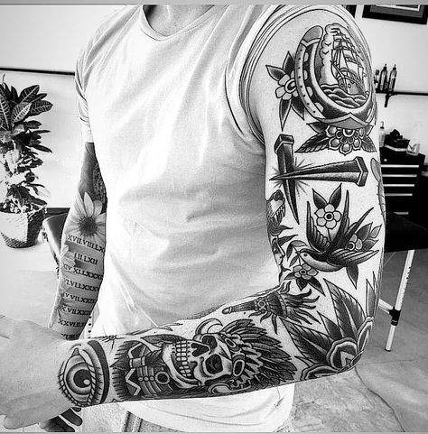 #bodyart #tattoo #art #tattoos #ink #inked #tattooartist #tattooed #tattooart #tattoolife #instatattoo #artist #piercing #inkedup #bodypaint #photooftheday #bodypainting #instagood #instaart #tattooing #tattooist #bodypiercing #body #tat #love #tatted #tatts #makeup #tats #photography Mens Traditional Tattoo Sleeve, American Traditional Tricep Tattoo, Men’s Traditional Tattoo Sleeve, Traditional Tattoo Sleeve Mens Black, Men’s Half Sleeve Tattoo Upper Arm, Old School American Tattoo, American Traditional Sleeve Men, Tattoo Styles Oldschool, Blackwork Tattoo Men