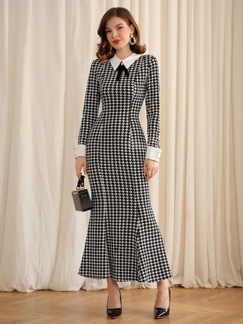 SHEIN Modely Houndstooth Contrast Collar Mermaid Hem Dress | SHEIN USA Maxi Dresses Spring, Spring Maxi Dresses, Law Fashion, Office Wear Outfit, Simple Long Dress, Women's Workwear Fashion, Modest Maxi Dress, Summer Maxi Dresses, Style Essence