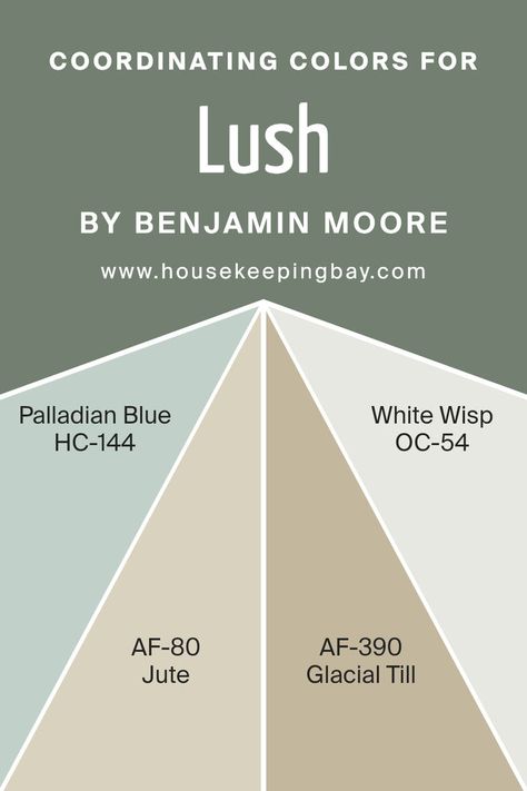 Coordinating Colors of Lush AF-475 by Benjamin Moore Benjamin Moore Lush Paint Color, Benjamin Moore Williamsburg Collection, Benjamin Moore Lush, Bm Green Paint Colors, Palladian Blue, Trim Colors, Colorful Kids Room, Green Paint Colors, Color Complement