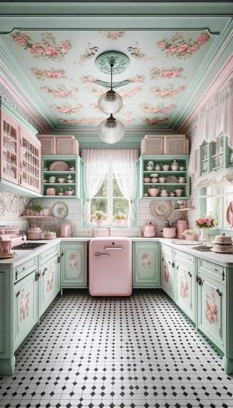 Pink Retro Kitchen, English Cottage Kitchens, Strawberry Kitchen, Pastel Kitchen, Fairytale House, Retro Appliances, Kitsch Decor, Kitchen Decorating Ideas, Wall Decor Kitchen