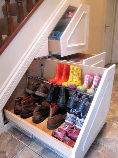 Shoe Storage Under Stairs, Staircase Storage, Under The Stairs, Entryway Shoe Storage, Shoe Storage Solutions, Understairs Storage, Stair Storage, Rack Design, Storage Design