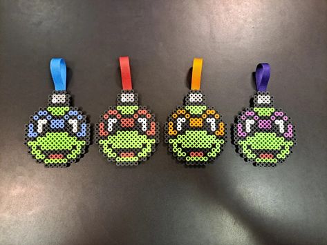 Turtle Perler Bead Pattern, Turtle Pearl Beads, Ninja Turtle Ornaments Diy, 3d Perler Bead Christmas Ornaments, Ninja Turtle Ornaments, Ninga Turtles, Tmnt Birthday, Melty Beads, Perler Bead Templates