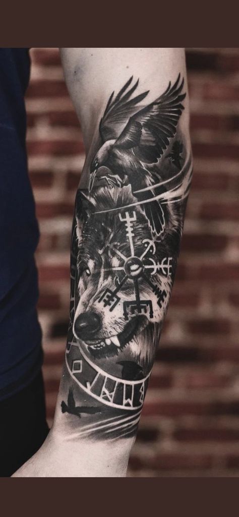 Wolf Tattoo Forearm, Viking Tattoos For Men, Stammestattoo Designs, Fenrir Tattoo, Bull Skull Tattoos, Viking Warrior Tattoos, Warrior Tattoo Sleeve, Viking Tattoo Symbol, Viking Tattoo Sleeve