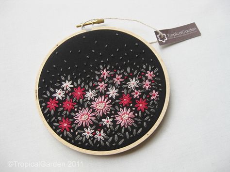 Hand Embroidered Flower Bed Hoop Art - No.2 | Flickr - Photo Sharing! Background Embroidery, Herb Embroidery, Hand Embroidered Flower, Textiles Projects, Dmc Embroidery, Contemporary Embroidery, Embroidery Threads, Hand Embroidery Projects, Beading Techniques