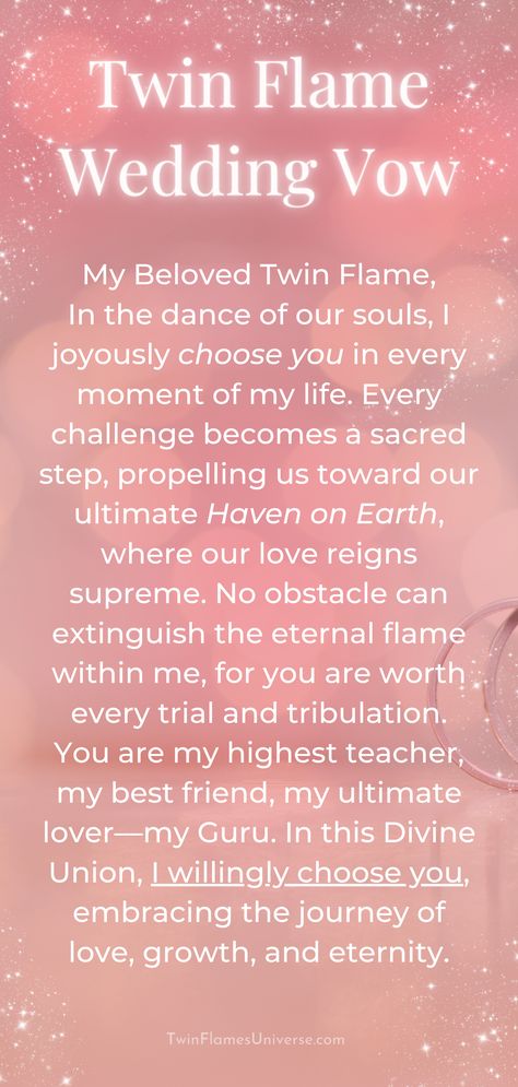 Celebrate unified love with this inspirational collection of Twin Flame wedding vows. Embodied with Divine Masculine and Feminine energy, these romantic promises beautifully blend the essence of love, marriage, and eternal commitment, igniting inspiration for your union ceremony. Twin Flame Wedding Theme, Twin Flame Union Quotes, Twin Flame Love Art, Twin Flame Wedding Vows, Twin Flame Union Affirmation, Spiritual Wedding Ideas, Twin Flame Wedding, Future Life Quotes, Divine Masculine And Feminine