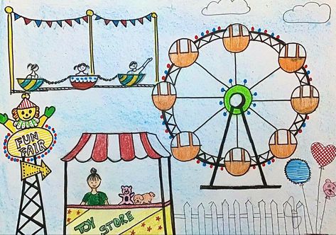 Easy fun fair scenery using basic shapes for kids Funfair Drawing Easy, Fair Drawings Easy, Fun Fair Drawing, Fair Doodles, Fair Drawings, Scenery For Kids, Cartoon Drawing For Kids, Ride Drawing, Drawing Topics