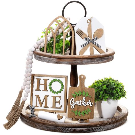 PRICES MAY VARY. Tiered Tray Decor Set: you will receive 10 pieces of home decorations in total, including 5 pieces of wooden signs with 2 pieces of wooden stand, a wooden bead garland with tassel, an artificial plant and a warm white LED string light, sufficient for you to decorate your tiered trays (not included) of different types Rustic and Adorable: this home tiered tray decor is designed in a simple and cute style, decorated with mini wooden signs, green artificial plant and black and whit Farmhouse Tiered Tray Decor, Home Wooden Signs, Farmhouse Tiered Tray, Farmhouse Tray, Farmhouse Centerpiece, Home Kitchen Decor, Tier Tray Decor, Counter Decor, Plant Cuttings