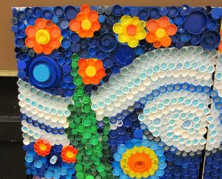 Bottle Top Art, Plastic Bottle Tops, Recycle Bottle Caps, Bottle Top Crafts, Group Art Projects, Dream Classroom, Plastic Bottle Caps, Cap Art, Recycled Art Projects