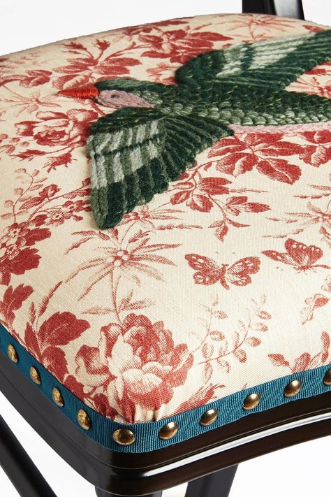 Unique Chair by Gucci, Hand Embroidered Bird on Red Herbarium Fabric image 3 Gucci Furniture, Embroidered Furniture, Rattan Chair Living Room, Grey Dining Chairs Modern, Patchwork Chair, Reupholster Chair, Gray Dining Chairs, Ikea Chair, Unique Chair