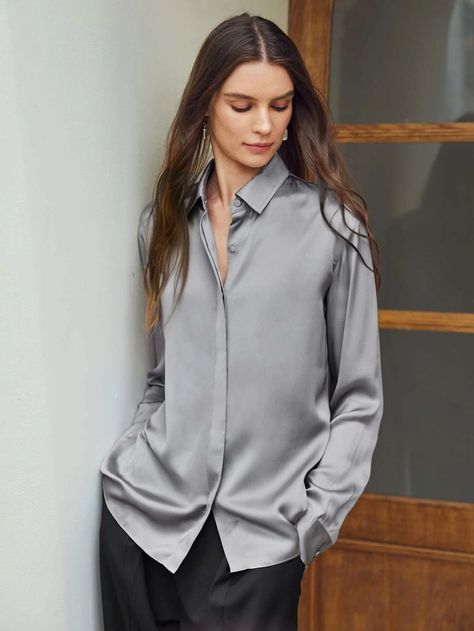 Grey Silk Top Outfit, Silver T Shirt Outfit, Grey Satin Shirt Outfit, Grey Silk Shirt Outfit, Grey Shirt Outfit Women Work, Silver Shirt Outfit, Grey Blouse Outfit, Grey Silk Blouse, Gray Shirt Outfit