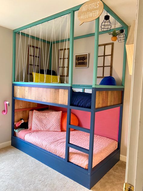 Coed Bunk Beds Shared Bedrooms, Play Area Above Bed, Kura Loft Bed Ideas, Double Kura Bed, Painted Kura Bed, Two Kura Beds In One Room, Ikea Kura Tent, Kura Bunk Bed Hack, Ikea Kura Bed Ideas