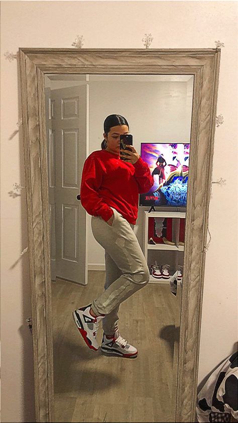 #Streetwear Red Champion Crewneck…Sweatpants: mnml…Shoes: Jordan 4s “Fire Red” Womens Outfits With Jordans, Jordan 4 Red Thunder Outfit, Red Thunder Outfit, Fire Red 4s Outfit, Retro 4 Outfits, White Jordans Outfit, Outfit With Jordan 4, Outfits With Jordan 4s, Shoes Jordan 4s