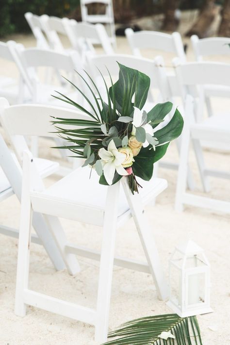 Tropical Chair, Chair Flowers, Wedding Ceremony Chairs, Beach Wedding Aisles, Destination Wedding Caribbean, Beach Wedding Decorations Reception, Floral Boutique, Tropical Beach Wedding, Ceremony Chairs