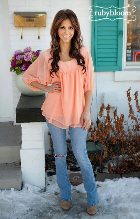 Love the top and jeans super cute!! Traditional Lounge, Low Seating, Shirt With Jeans, Crystal Jewelry Necklaces, Peach Top, Peach Shirt, Coral Blouse, Peach Cream, Country Girl Style