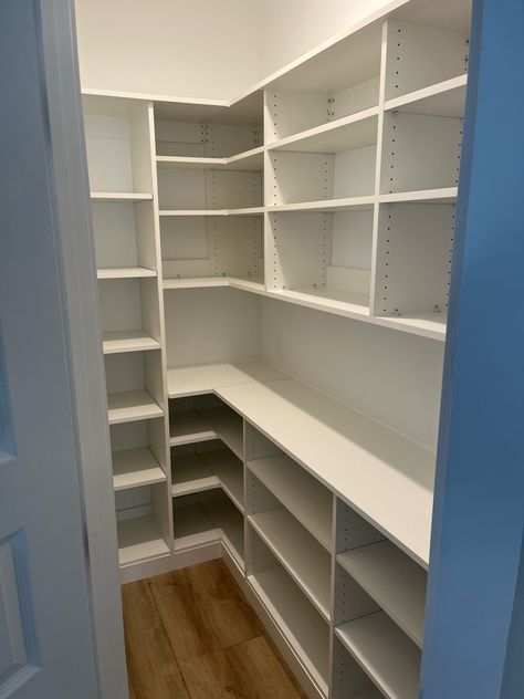 L Shape Pantry Ideas, Long Narrow Pantry Ideas, L Shaped Pantry, Under Stairs Pantry, Narrow Pantry, Diy Closet Shelves, Pantry Closet Design, Pantry Layout, House Pantry