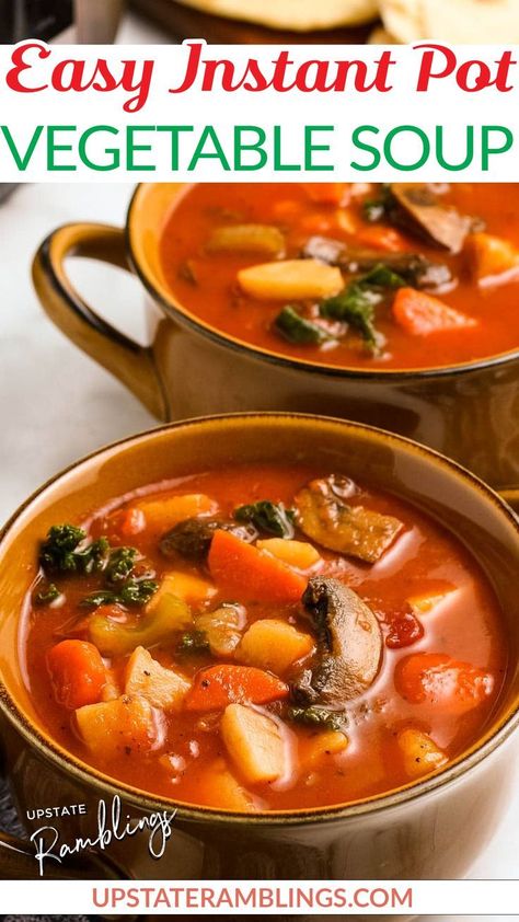 This Instant Pot Vegetable Soup is perfect when you want a hearty meal, but don’t want to spend hours slaving over the stove or in the kitchen. This vegetarian soup recipe is fast, easy, and a delicious option for any day of the week! This soup features a rich tomato based broth is studded with lots of fresh healthy vegetables for an easy pressure cooker recipe. And it is is naturally gluten free, dairy free, vegan, vegetarian and low carb friendly. | @upstramblings #instantpotvegetablesoup Pressure Cooker Vegetable Soup, Instant Pot Vegetable Soup, Easy Pressure Cooker Recipes, Vegetarian Soup Recipes, Soup Easy, Instant Pot Soup Recipes, Best Instant Pot Recipe, Hearty Meal, Instant Pot Soup