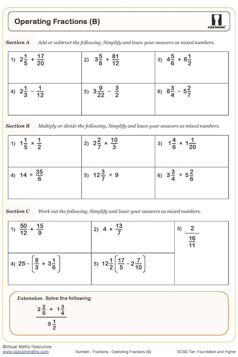 This worksheet on operating fractions is designed to help dedicated students sharpen their skills in the four operations involving fractions. It offers a variety of thought-provoking questions that will broaden their understanding and enhance their proficiency in working with fractions. With this resource, students can immerse themselves in challenging problems that will elevate their problem-solving abilities and boost their confidence in tackling fraction operations effectively. Strengthen you Multiply And Divide Fractions, Fraction Operations, Divide Fractions, Math Worksheets For Kids, Maths Revision, Challenging Questions, Operations With Fractions, Fraction Word Problems, Maths Worksheets