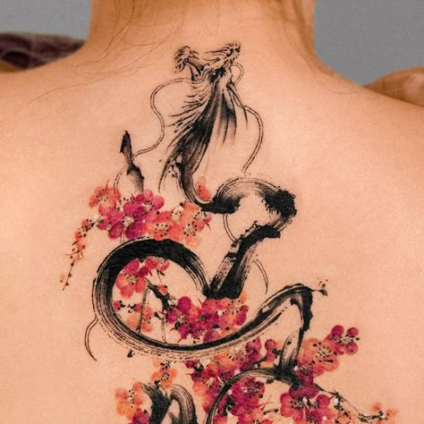 𝗘.𝗻𝗮𝗹 on Instagram: "Brushstroke dragon and plum blossom tree across the back 🐉♥️🌸 Thank you :) @e.nal.tattoo @vismstudio" Dragon Tree Tattoo, Star Dragon Tattoo, Brushstroke Dragon Tattoo, Sakura Dragon Tattoo, Chinese Plum Blossom Tattoo, Plum Tree Tattoo, Dragon Cherry Blossom Tattoo, Plum Blossom Drawing, Cherry Blossom Dragon Tattoo