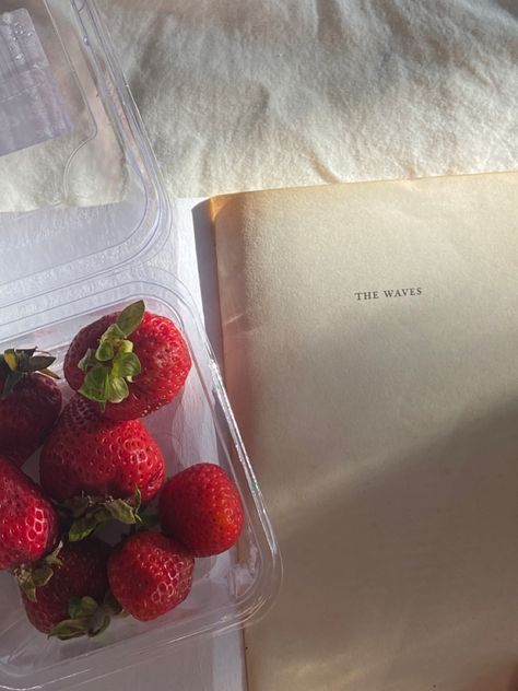 Words, strawberries, book, read, Virginia Woolf, The waves, red, bright, teenage dream, aesthetic, morning, light, neutral, beige, paper, bookworm, eat, food, yum, cottage core, picnic Avery + Core + Aesthetic, The Waves Virginia Woolf, Mia + Core + Aesthetic, Julia + Core + Aesthetic, Samantha + Core + Aesthetic, Aesthetic Strawberries, Strawberry Pictures, Rosé Core, Picnic Fruit