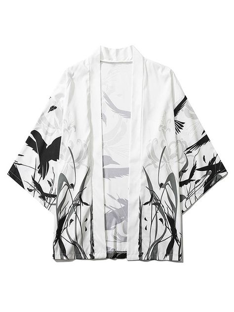 Bird Plant Feather Graphic Print Open Front Kimono Cardigan  WHITE , #ad, #Graphic, #Print, #Feather, #Bird, #Plant #Ad Japanese Kimono Traditional, Gilet Kimono, Kimono Traditional, White Kimono, Mode Kimono, Yukata Kimono, Kimono Yukata, Kimono Coat, Summer Streetwear