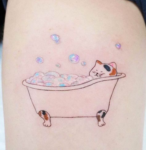 Bubble Bath Tattoo, Bathtub Tattoo, Bath Tattoo, Cute Cat Tattoos, Sonic Tattoo, Silly Tattoos, Minimalist Cat Tattoo, Cat Outline Tattoo, Watercolor Cat Tattoo