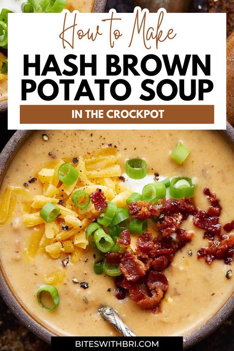 Savor the ease and flavor of this Hash Brown Potato Soup, perfect for busy days. Made with frozen hash browns and slow-cooked to perfection, it pairs well with rice or fresh bread. Come home to a warm, hearty, effortless, delicious meal. Hash Brown Potato Soup Crockpot, Potato Soup Made With Hash Browns, Hash Brown Potato Soup Recipe, Frozen Hash Brown Potato Soup, Crockpot Potato Soup With Hashbrowns, Hash Brown Soup, Potato Recipe Healthy, Outback Potato Soup, Bri Recipes