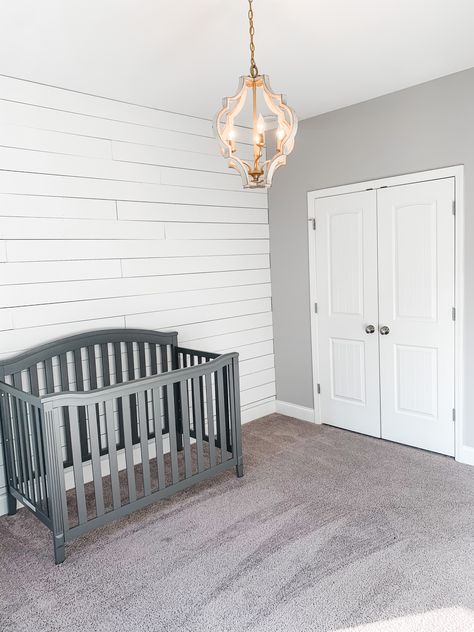 Greys and light pinks  #greycrib #shiplap #silverygreybehr #extrawhite White Shiplap With Grey Walls, Nursery Ideas Shiplap, Grey Shiplap Nursery, White Shiplap Nursery, Shiplap Wall In Nursery, Gray Vertical Shiplap, Vertical Shiplap Wall Nursery, Pink Shiplap Wall Nursery, Shiplap Nursery Wall