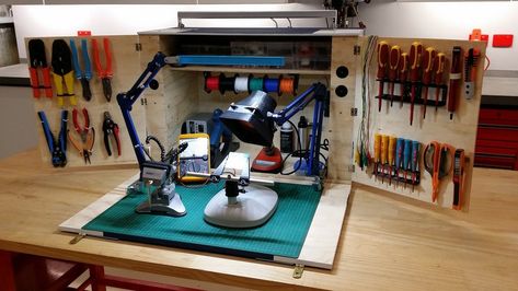 Electronics Workspace, Workstation Ideas, Portable Workstation, Pvc Conduit, Portable Workbench, Electronic Workbench, Electronics Workshop, Plywood Sheets, Neat And Tidy