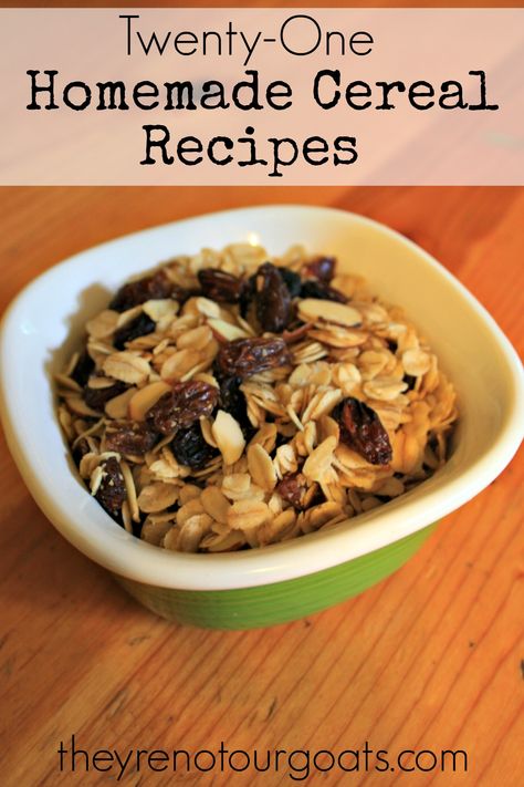 Twenty-One Homemade Cereal Recipes- a healthier way to start your morning! Recipes With Cereal, Homemade Cereal Bars, Cereal Ideas, Cereal Recipes Homemade, Cereal Party, Paleo Cereal, Diy Cereal, Cereal Aisle, Quinoa Cereal