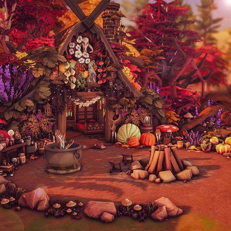 🍁The House of the Autumn Witch🍁 This small, overgrown house is the home of a good-natured witch. It's playable and I tested it. There is a lot to discover, celebrate the end of summer in the sunset. Don't forget, the coloring of the leaves is of course only visible if it is autumn in your game. 🍁🍂🍄🍁🍂🍄🍁🍂🍄 #thesims4builds #thesims4homes #showusyourbuilds #sccregram #somesimlishbuild #simstagram #thesims #sims #thesims4 #ts #ts4 #thesims4house #simsbuild #thesims4home #simshouse #games #PS4 ... Witch Home Sims 4, Sims 4 Witches House, Treehouse Sims 4, Sims 4 Witch House Floor Plans, Sims Witch House, Sims 4 Lot Ideas, Sims 4 Treehouse, Sims 4 Library, Sims 4 Witch House