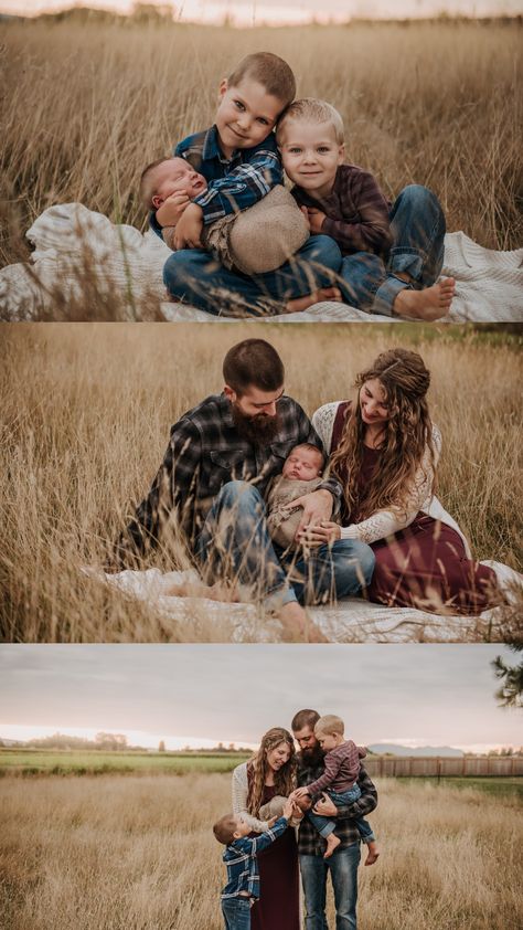 family snuggles their newborn baby in a field of tall grass during sunset Outdoor Newborn Photography With Siblings, Family Of 5 Newborn Pictures Outdoor, Newborn Outdoor Photoshoot With Siblings, Newborn Outdoor Photoshoot Fall, Outdoor Newborn Photography Fall, Outdoor Fall Newborn Pictures, Outdoor Newborn Family Photos, Newborn Family Photos Outdoor, Outdoor Newborn Photography Family