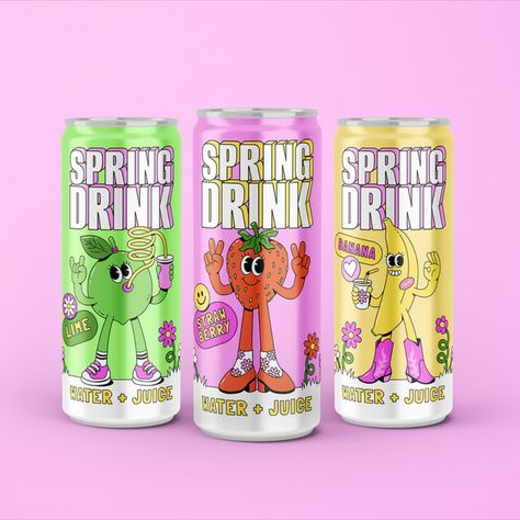 Stylized Character Packaging Design Juice Bottle Drawing, Beverage Packaging Design Inspiration, Canned Drinks Packaging, Juice Can Design, Soda Packaging Design, Drink Package Design, Soda Can Design, Character Packaging, Drink Packaging Design