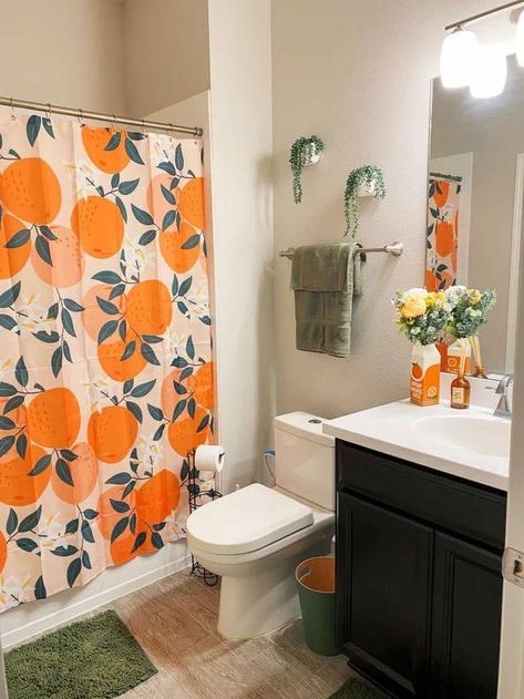 Peach Shower Curtain, College Bathroom, Peach Bathroom, Dorm Bathroom, Bathroom Decor Themes, Orange Bathrooms, Bathroom Themes, Bathroom Decor Apartment, Apartment Bathroom