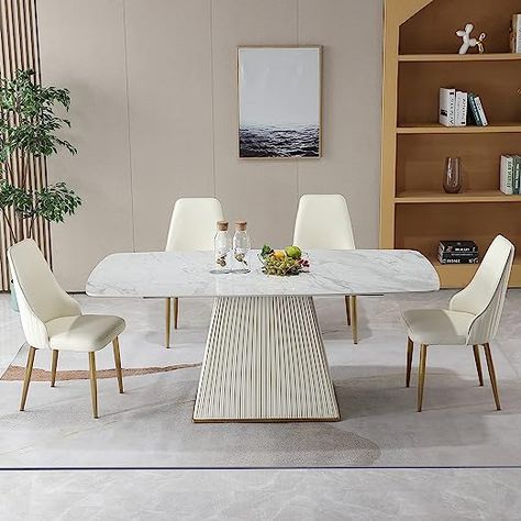 Amazon.com - Montary 71” Modern Rectangle Dining Table for 6-8 Seat, White Marble Dining Table with Sintered Stone Tabletop and Horseshoe-Shape Design Carbon Steel Leather Base (Only Table) - Table & Chair Sets Pc Table, White Dining Table, Contemporary Dining Table, Stone Dining Table, Marble Dining, Sintered Stone, Pedestal Dining Table, Dining Table Set, Dining Table Marble