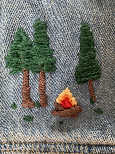 Embroidery Designs Mountains, Hand Embroidery Mountains, Mountain Hand Embroidery, Manly Embroidery, Campfire Embroidery, Embroidery Designs Jeans, Idaho Embroidery, Blundstone Embroidery, Denim Jacket Embroidery Ideas