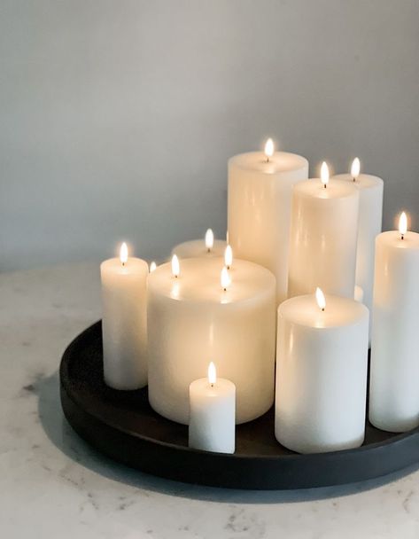 Candles On Kitchen Table, Candles On A Tray, Candles In Room Aesthetic, Candle Tray Ideas, Candle Decor Living Room, Candle Tray Centerpiece, Living Room Candles, Bedroom Ideas For Small Rooms Cozy, Living Room Wall Decor Ideas