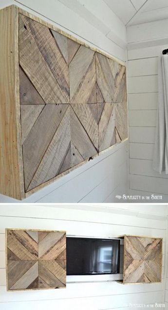 DIY Reclaimed Pallet Wood Sliding TV Cover. Ideas To Hide Tv, Hide Tv Over Fireplace, Hidden Tv Cabinet, Outdoor Tv Cabinet, Tv A Muro, Outdoor Tv Covers, Hide Tv, Tv Over Fireplace, Tv Wall Cabinets