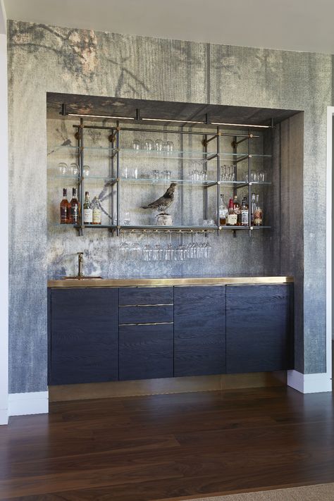 Charred Pine + Brass Bar with Hanging Collector's Shelving - Amuneal: Magnetic Shielding & Custom Fabrication Glass Shelves In Bathroom, Glass Shelves Kitchen, Modern Home Bar, Diy Hanging Shelves, Bar Shelves, Bar Shelf, Midcentury Home, Brass Bar, Home Bar Designs