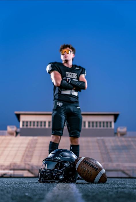 Senior Football Poses Photo Ideas, Football And Baseball Senior Pictures, Senior Pictures For Football Players, Senior Pictures With Football, Kid Football Pictures, Football Pics Ideas, Football Senior Pic Ideas, Boys Sports Senior Picture Ideas, Football Player Photo Ideas