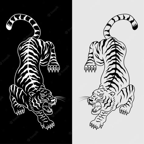 Premium Vector | Illustration of tiger tattoo in black and white. vector Tiger Illustration Tattoo, Chinese Style Tiger Tattoo, Tiger Art Black And White, Vintage Tiger Tattoo, Japanese Style Tiger Tattoo, Double Tiger Tattoo, Chinese Tiger Illustration, Chinese Tiger Tattoo For Women, Line Work Tiger Tattoo