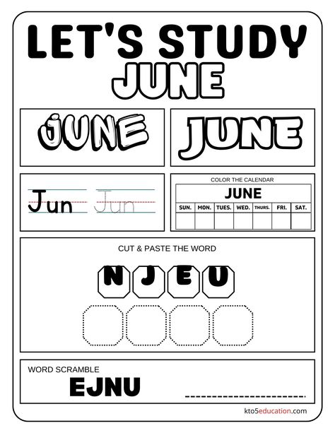 Free Let's Study June Worksheet Check more at https://kto5education.com/free-lets-study-june-worksheet/ June Worksheets, June Colors, Calendar June, E Words, Writing Worksheets, Cut And Paste, Worksheets For Kids, Learning Resources, Reading Writing