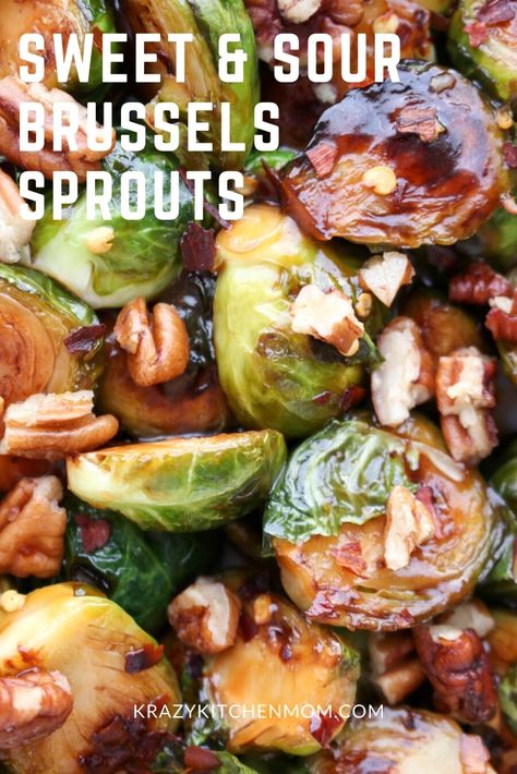 Sweet and Sour Glazed Brussels Sprouts are tangy, sweet, nutty, and caramelized to perfection. With only three ingredients, they are ready in less than 15 minutes. via @krazykitchenmom Sweet And Sour Brussel Sprouts, Glazed Brussels Sprouts, Recipe Appetizers, Crispy Brussel Sprouts, Cooking Friends, Three Ingredient Recipes, Chicken Cacciatore Recipe, Sweet And Sour Sauces, Iron Recipes