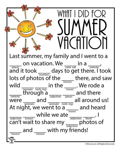 Summer Party Games, Summer Worksheets, School Age Activities, Ad Libs, Vacation Activities, Mad Libs, English Worksheets For Kids, English Lessons For Kids, English Activities