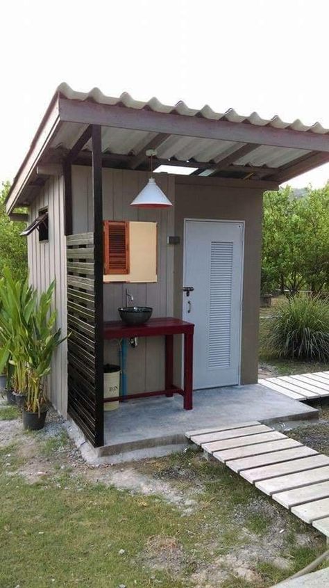 Outside Toilet, Outdoor Shower Enclosure, Outdoor Bathroom Design, Outdoor Toilet, Villa Design Architecture, Building A Tiny House, Villa Plan, Outdoor Bathrooms, Village House Design