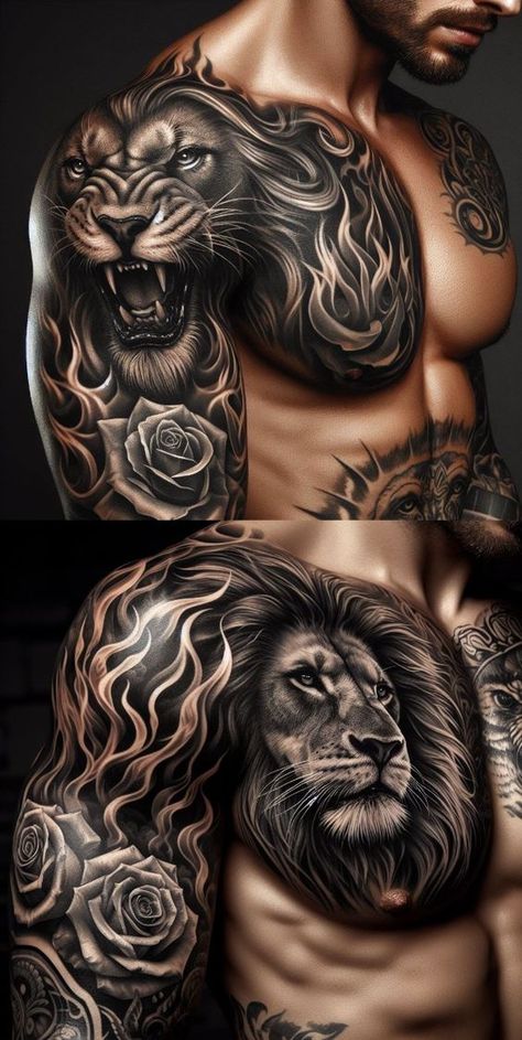 Epic Tattoos For Men, Lion And Tiger Tattoo, Black Lion Tattoo, Tattoo Of Lion, Lion Warrior Tattoo, Oscar Tattoo, Chest Neck Tattoo, Lion Chest Tattoo, Lion Shoulder Tattoo