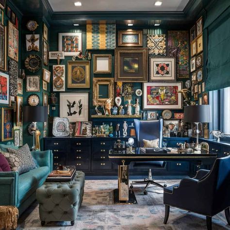 Are you tired of bland, minimalist workspaces that lack personality? Ready to unleash your inner maximalist and create an office that's as bold and vibrant as you are? Get ready to dive into a world of color, texture, and abundance with these maximalist office ideas that'll have you buzzing with… Whimsical Office Decor, Maximalist Office, Library Room Design, Maximalist Bathroom, Quirky Table Lamp, Maximalism Decor, Office Organisation, Modern Small House Design, Colorado House