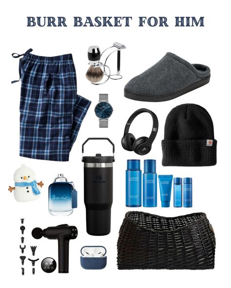 This Burr Basket for Him is packed with winter essentials! From cozy flannel pajama pants and plush slippers to a beanie and grooming set, this basket has everything for relaxation and self-care. Add high-quality skincare, a massage gun, headphones, and a Stanley tumbler to keep him refreshed and entertained. Perfect for any man who appreciates comfort and style during the holiday season! 🎄✨ Burr Basket Ideas For Him Christmas, Men Burr Basket, Mens Burr Basket, Guy Burr Baskets, Christmas Baskets For Men, Boy Burr Basket, Bur Basket For Him, Burr Basket For Him, Mens Self Care Basket