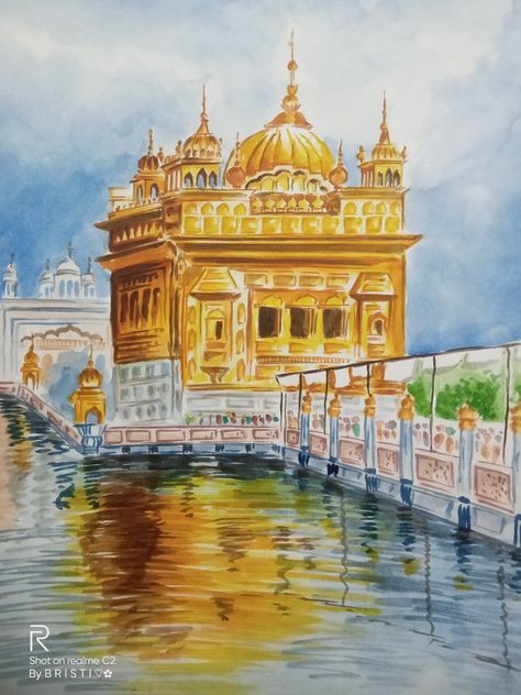 Monuments Drawing, Dog Face Drawing, Temple Wallpaper, Golden Temple Wallpaper, Temple Painting, Darbar Sahib, Theme Painting, Composition Drawing, Composition Painting